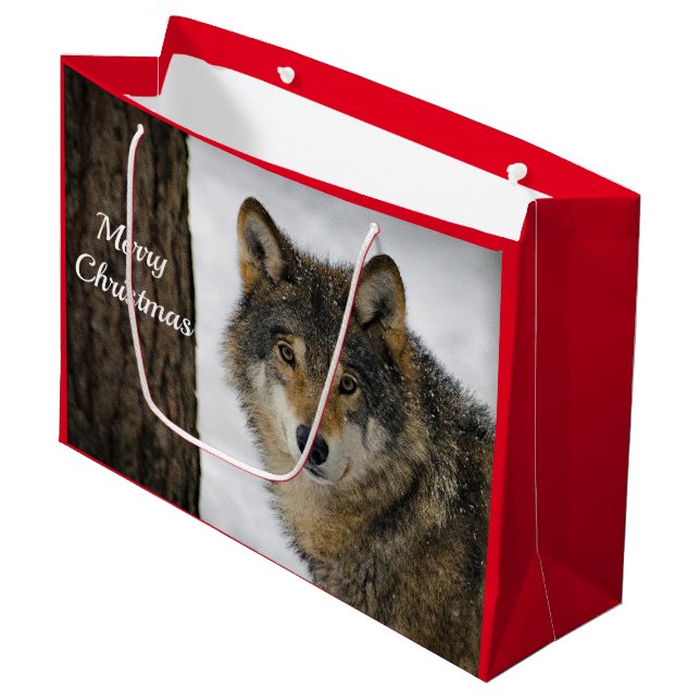 Wolf Snow Tree Foto Weihnachten Große Geschenktüte (Vorderseite Schrägansicht)