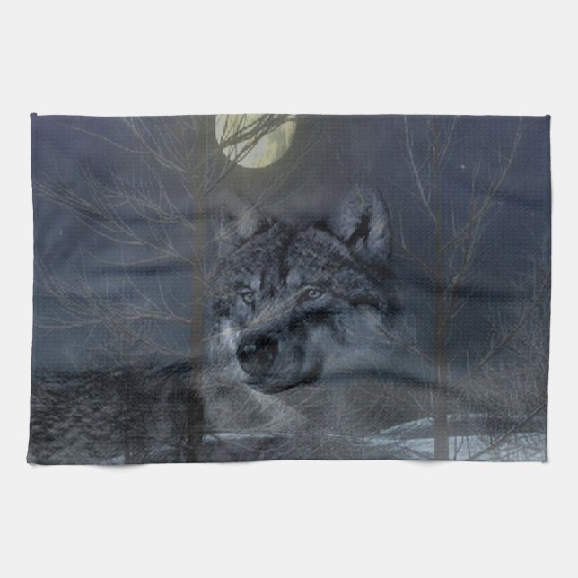 Wolf Spirit Full Moon Geschirrtuch (Horizontal)
