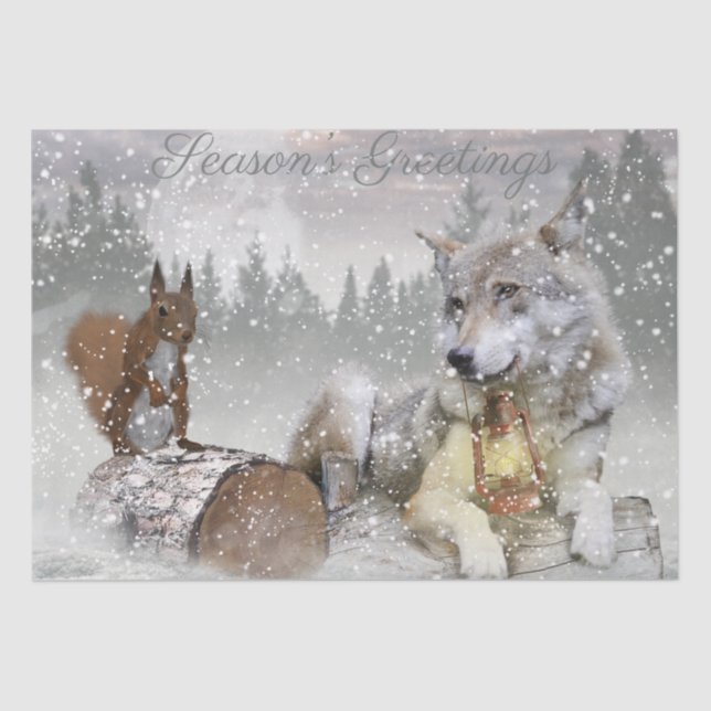 Wolf Squirrel Winter Snow Forest Moon Landschaft Seidenpapier (Vorderseite)
