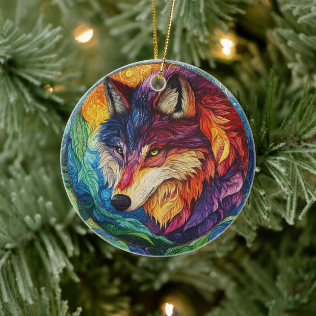 Wolf Stached Glass Keramik Ornament (Baum)