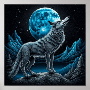 Wolf steht vor dem Vollmond   KI-Kunst Poster