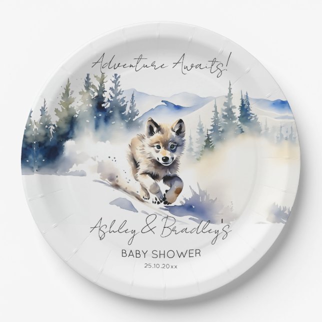 Wolf-Themenabenteuer erwartet Babydusche Pappteller (Vorderseite)