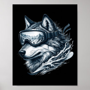 Wolf trägt Ski-Schneebrettbrille Wolf Skifahren Poster