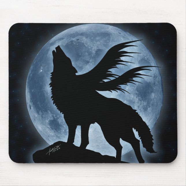 Wolf u. Mond (mit Sternen) Mousepad (Vorne)