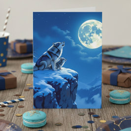 Wolf und Baby Cub Howling am Geburtstag des Mondes Karte
