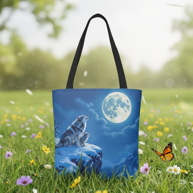 Wolf und Baby Cub Howling auf Vollmond Tasche (Von Creator hochgeladen)