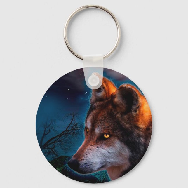 Wolf und der Mond um Mitternacht Schlüsselanhänger (Vorderseite)