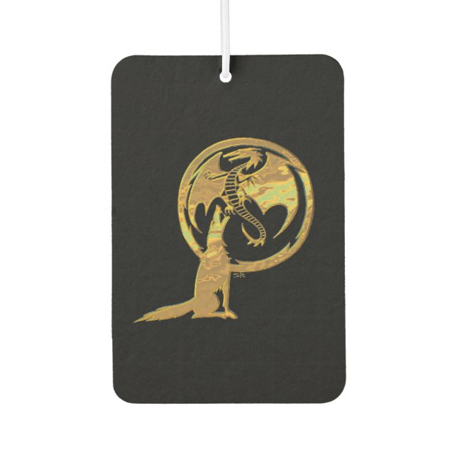 Wolf und Dragon goldfarbene schwarze Autos Autolufterfrischer (Vorderseite)