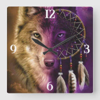 Wolf und Dream Catcher Square Wall Clock