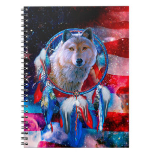 Wolf und Dreamcatcher in amerikanischer Flagge bem Notizblock