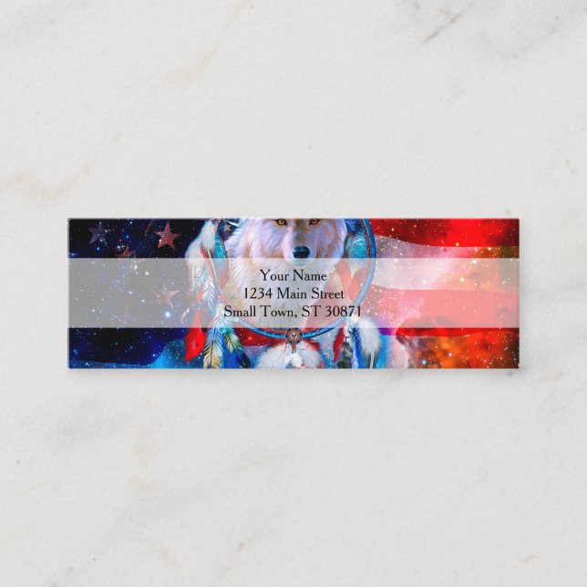 Wolf und Dreamcatcher in der amerikanischen Flagge Mini Visitenkarte (Vorderseite)