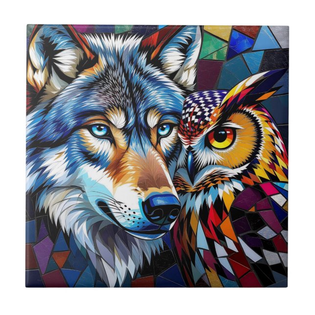 Wolf und Eule Lebendig und Bunt  Fliese (Vorderseite)
