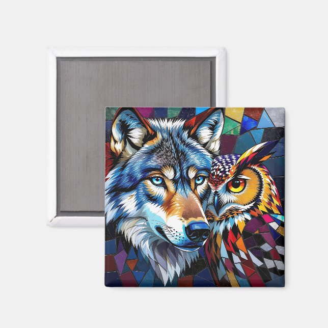 Wolf und Eule Lebendig und Bunt  Magnet (Vorderseite/Rückseite)
