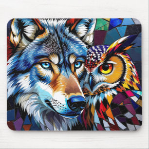 Wolf und Eule Lebendig und Bunt  Mousepad