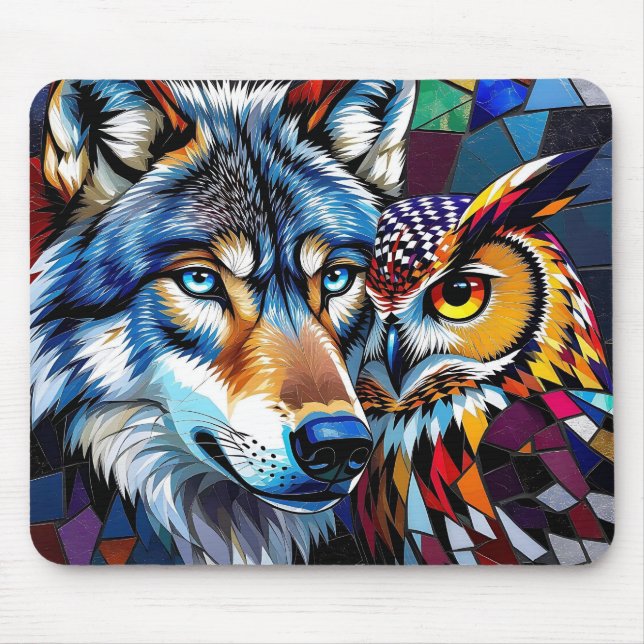 Wolf und Eule Lebendig und Bunt  Mousepad (Vorne)