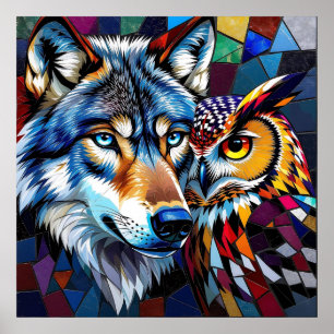 Wolf und Eule Lebendig und Bunt Poster