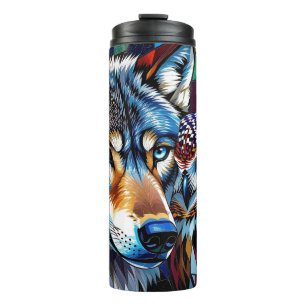 Wolf und Eule Lebendig und Bunt Thermosbecher
