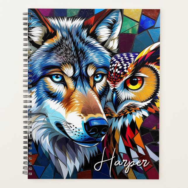 Wolf und Eule Lebendige und Bunte Personalisierte  Planer (Vorderseite)