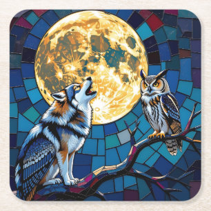 Wolf- und Eulen-Mosaik-Kunst Rechteckiger Pappuntersetzer