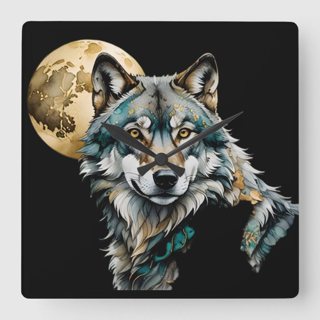 Wolf und Gold Moon Quadratische Wanduhr (Vorderseite)