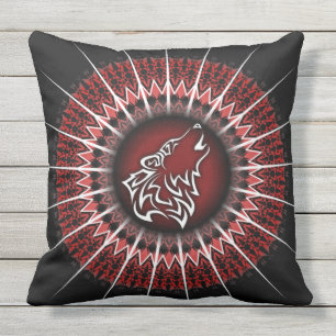 Wolf und Mandala Red White Black Modern Kissen