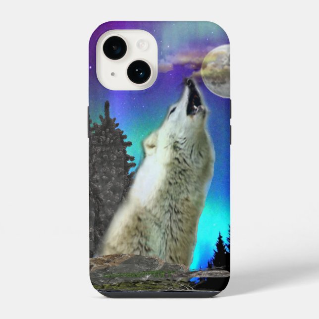 Wolf und Mond iPhone 14 Hülle (Rückseite)