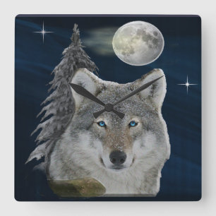 Wolf und Mond Quadratische Wanduhr