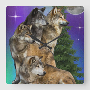 Wolf und Mond Quadratische Wanduhr