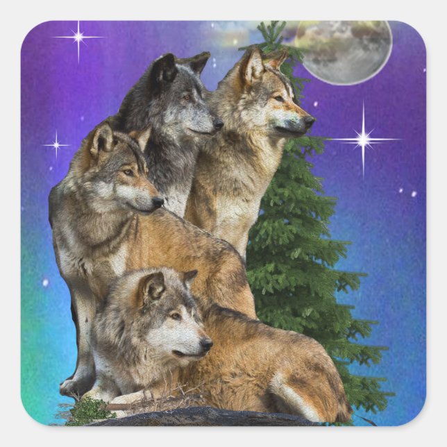Wolf und Mond Quadratischer Aufkleber (Vorderseite)
