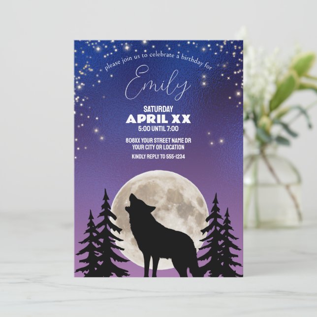 Wolf und Mond Silhouette unter den Sternen Einladung (Stehend Vorderseite)