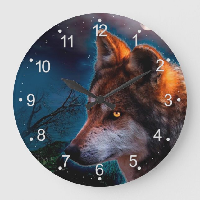 Wolf und Mond um Mitternacht Große Wanduhr (Vorderseite)