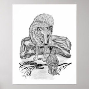 Wolf und Rabe Schwarz-Weiß-Design Poster