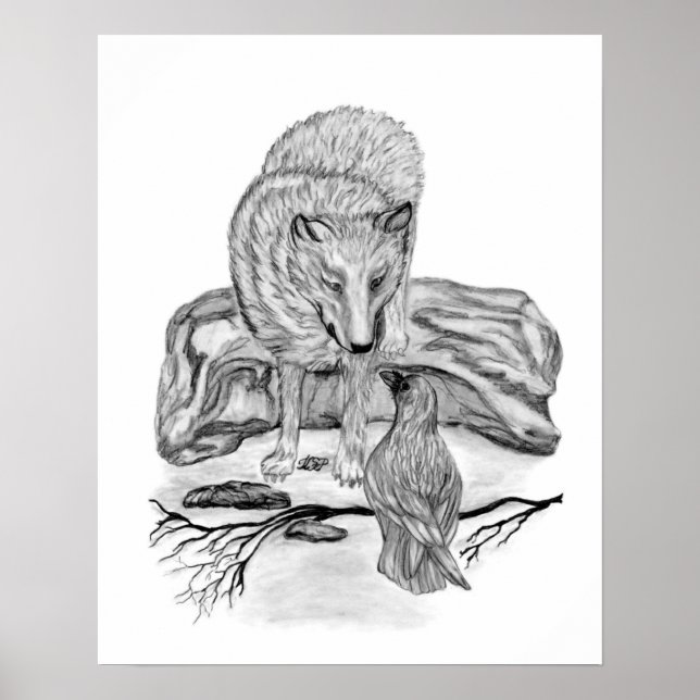 Wolf und Rabe Schwarz-Weiß-Design Poster (Vorne)
