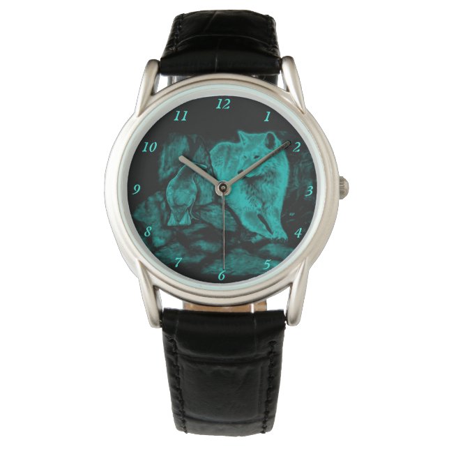 Wolf und Raven in der Nacht Armbanduhr (Vorderseite)