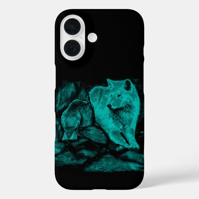 Wolf und Raven in der Nacht iPhone 16 Hülle (Rückseite)