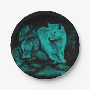 Wolf und Raven in der Nacht Pappteller