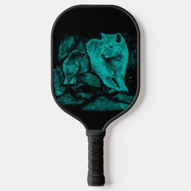 Wolf und Raven in der Nacht Pickleball Schläger (Vorderseite)