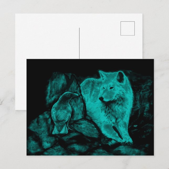 Wolf und Raven in der Nacht Postkarte (Vorne/Hinten)