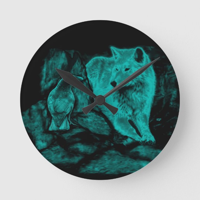 Wolf und Raven in der Nacht Runde Wanduhr (Vorderseite)
