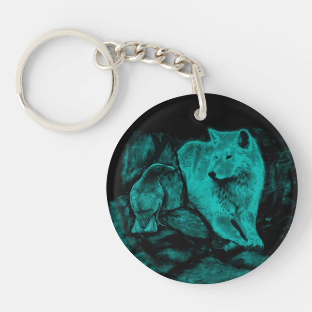 Wolf und Raven in der Nacht Schlüsselanhänger (Vorderseite)
