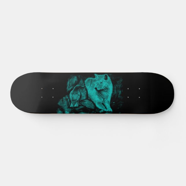 Wolf und Raven in der Nacht Skateboard (Horizontal)
