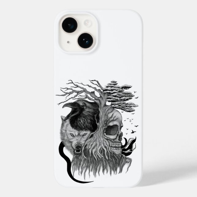 Wolf und Raven mit Skull Case-Mate iPhone 14 Hülle (Rückseite)