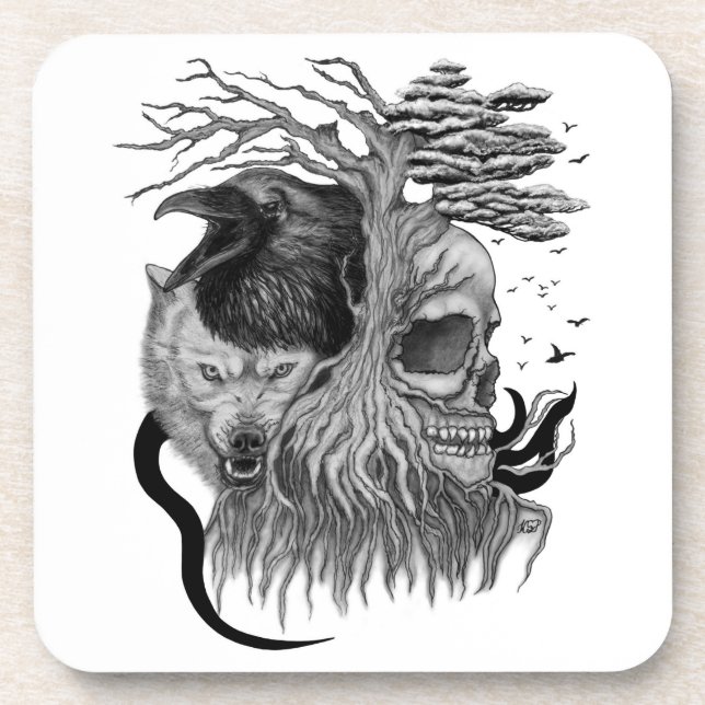 Wolf und Raven mit Skull Getränkeuntersetzer (Vorderseite)