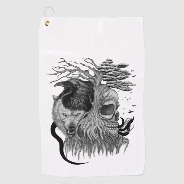 Wolf und Raven mit Skull Golfhandtuch (Vorderseite)