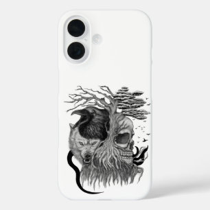 Wolf und Raven mit Skull iPhone 16 Hülle