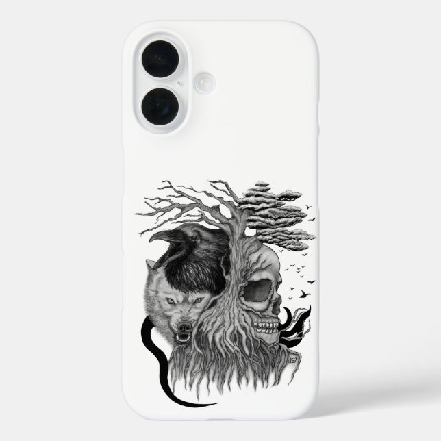 Wolf und Raven mit Skull iPhone 16 Hülle (Rückseite)
