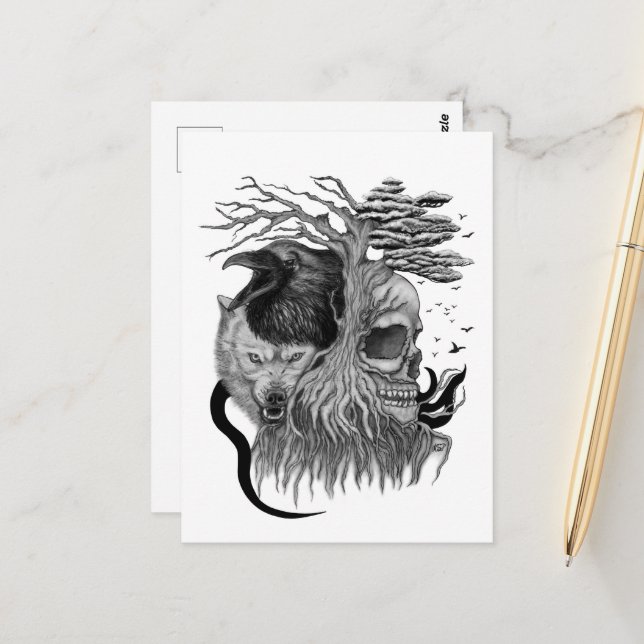 Wolf und Raven mit Skull Postkarte (Vorderseite/Rückseite Beispiel)