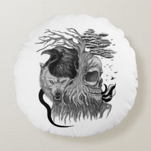 Wolf und Raven mit Skull Rundes Kissen
