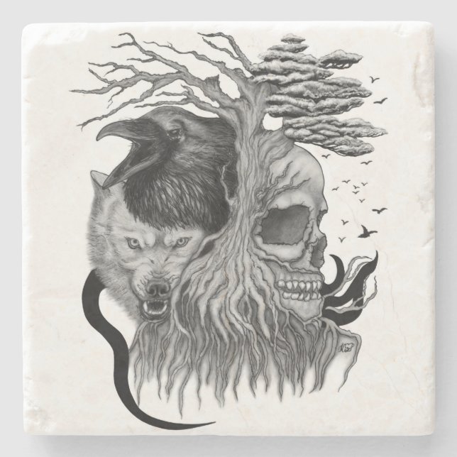 Wolf und Raven mit Skull Steinuntersetzer (Vorderseite)