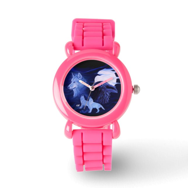 Wolf und Raven mit Vollmond Armbanduhr (Vorderseite)